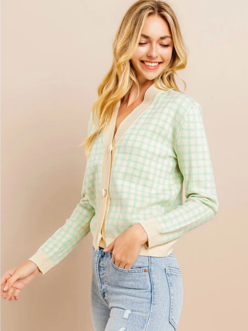 Aiblee Plaid Cardigan Long Sleeve Cream Mint Green Large Fall Preppy Sweater